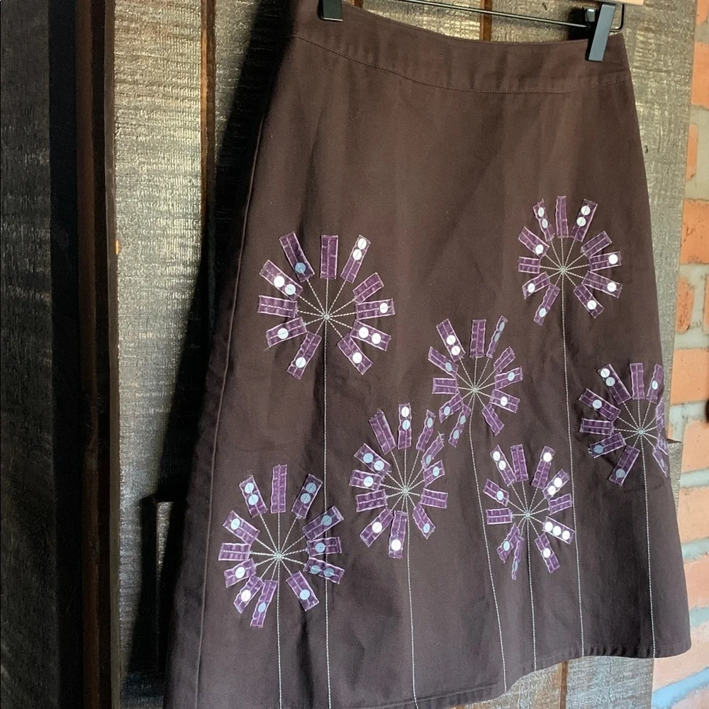 Boden Brown Purple Applique A-Line Cotton Skirt Lined Size 4 Boho Easy Breezy